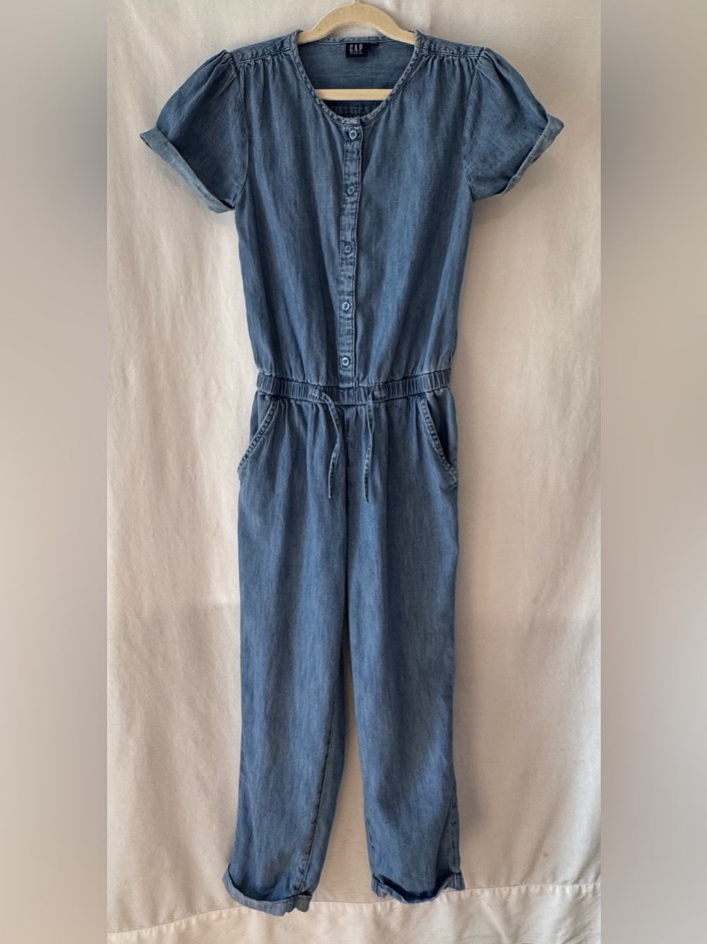 Girl’s GAP Chambray jumpsuit capped puff sleeves, tie waist, cottagecore kids